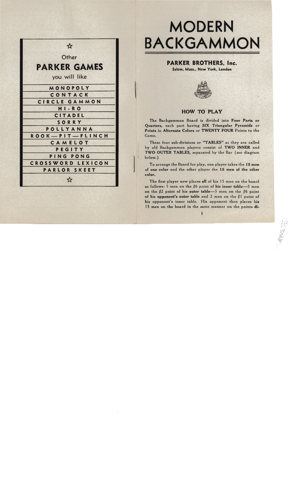 HASBRO Backgammon Old User Manual