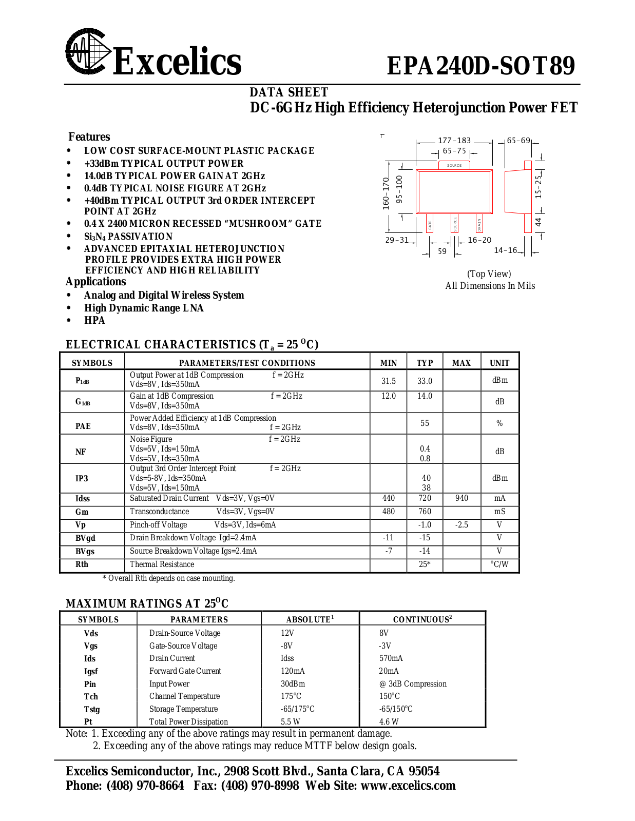 Excelics EPA240D-SOT89 Datasheet