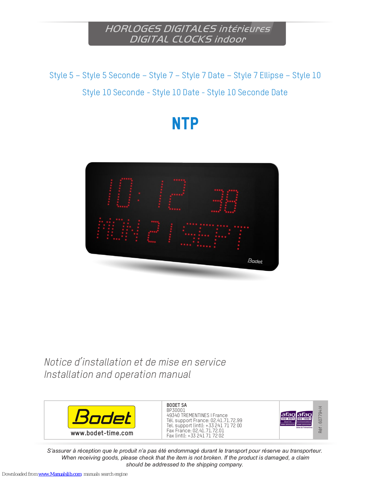 Bodet Style 7 Date, Style 10, Style 7 Ellipse, Style 5 Seconde, Style 7 Installation And Operation Manual - ManualMachine.com