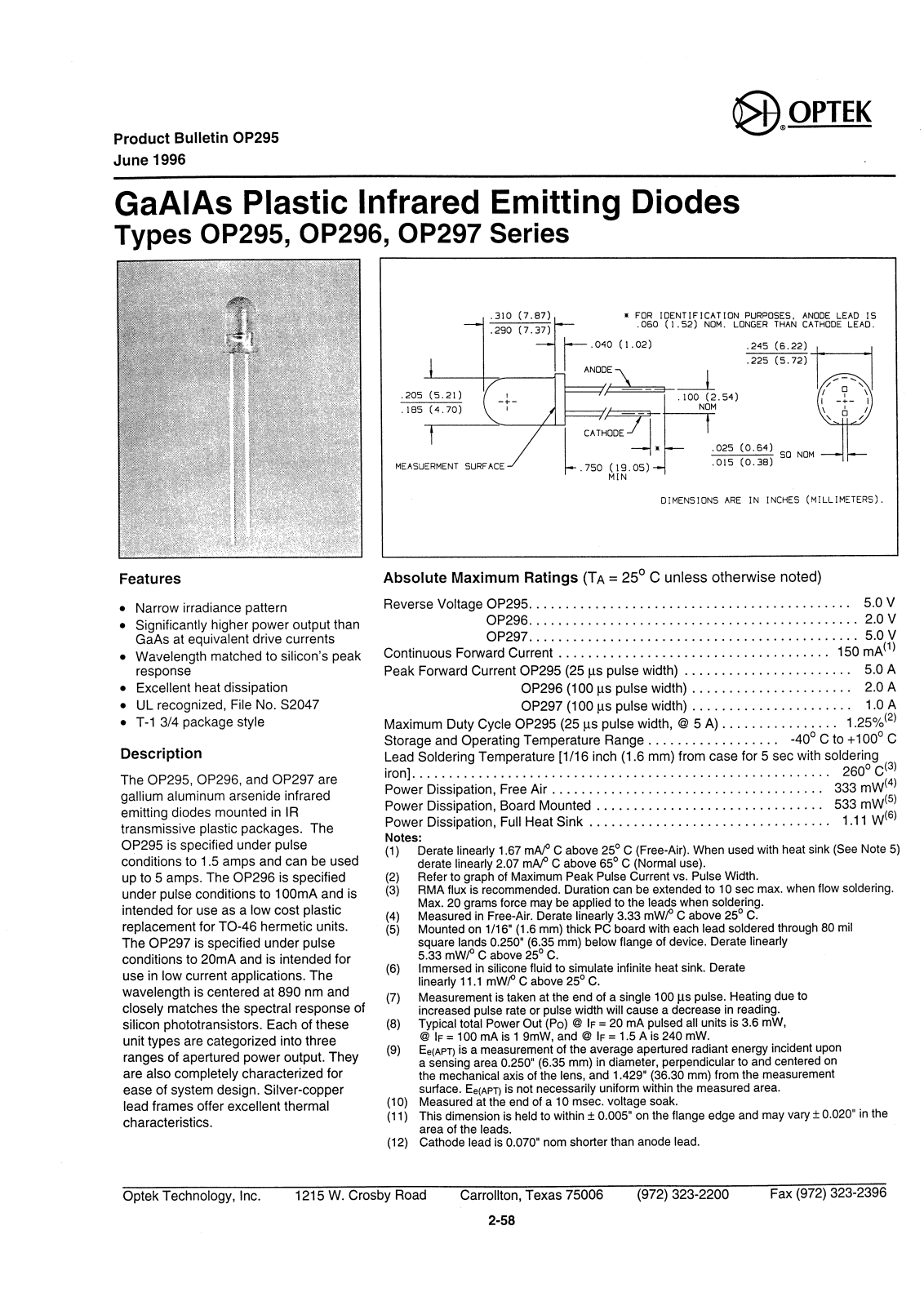 OPTEK OP297A, OP295A, OP296A, OP296, OP296C Datasheet