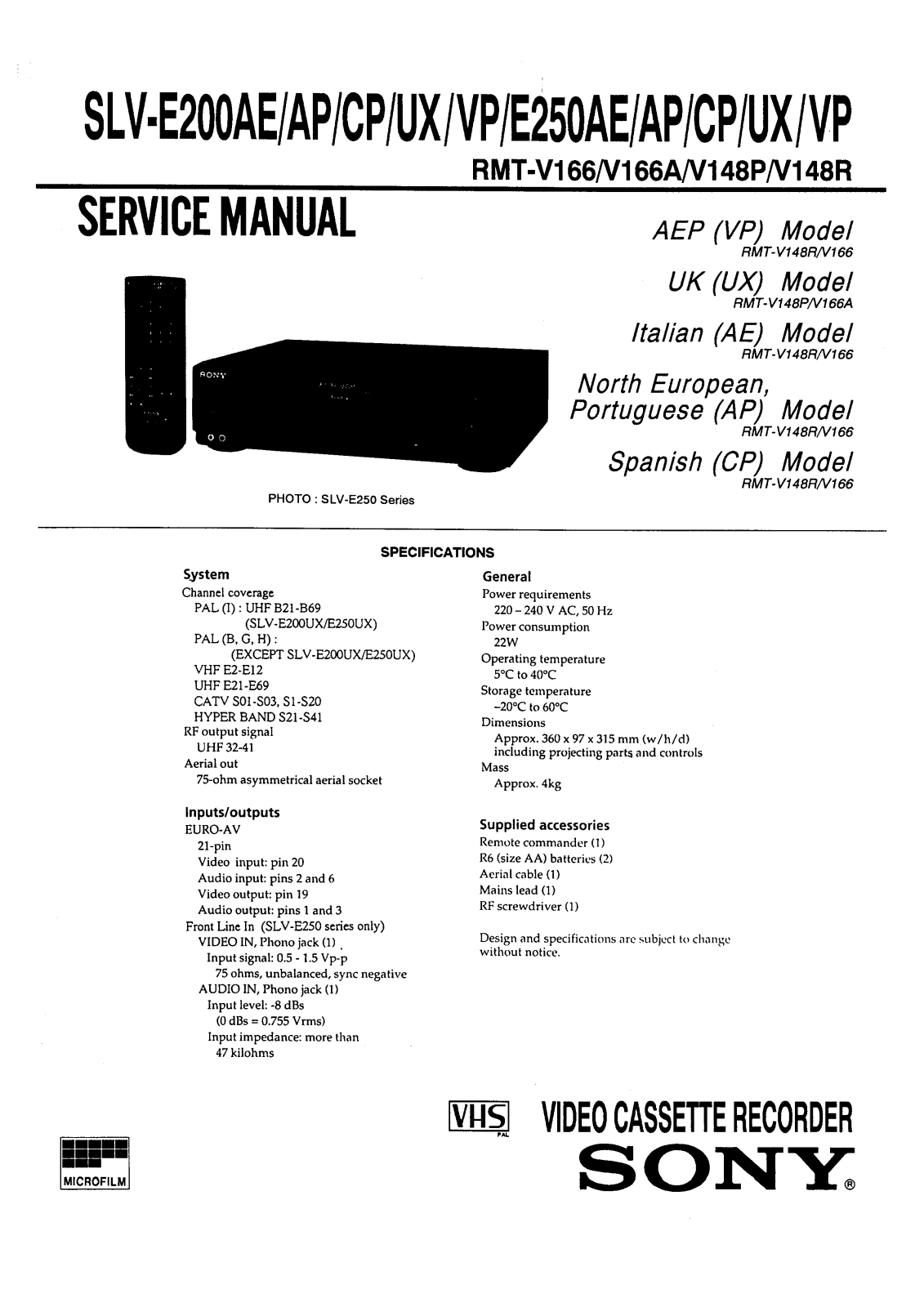 SONY SLV-E200AE, SLV-E200AP, SLV-E200CP, SLV-E200US, SLV-E200VP Service Manual