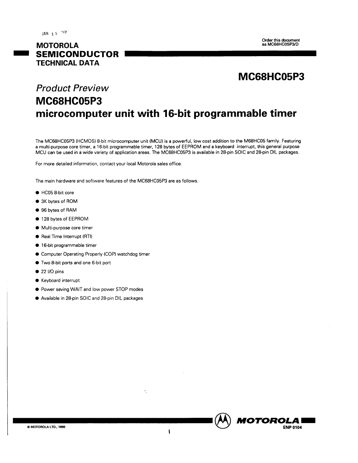 Motorola MC68HC05P3 Datasheet