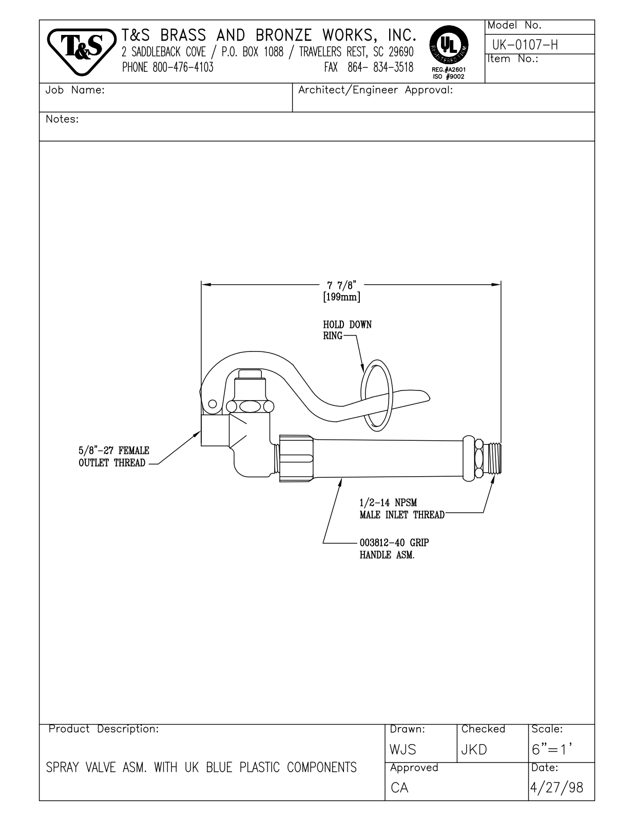 T&S Brass UK-0107-H User Manual