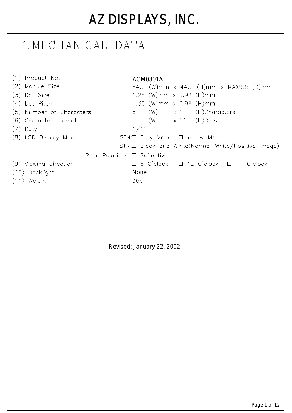 AZDIS ACM0801A-RYTW-T, ACM0801A-RYTS-T, ACM0801A-RYTH-T, ACM0801A-RYTD-T, ACM0801A-RYBW-T Datasheet