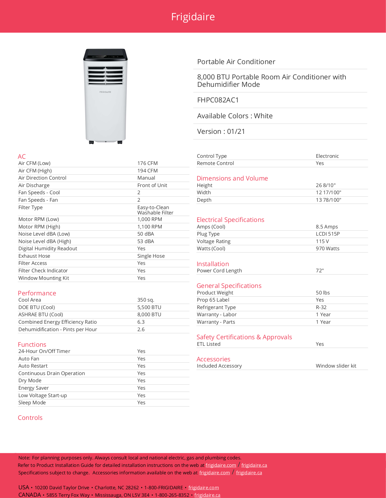 Frigidaire FHPC082AC1 Specification Sheet