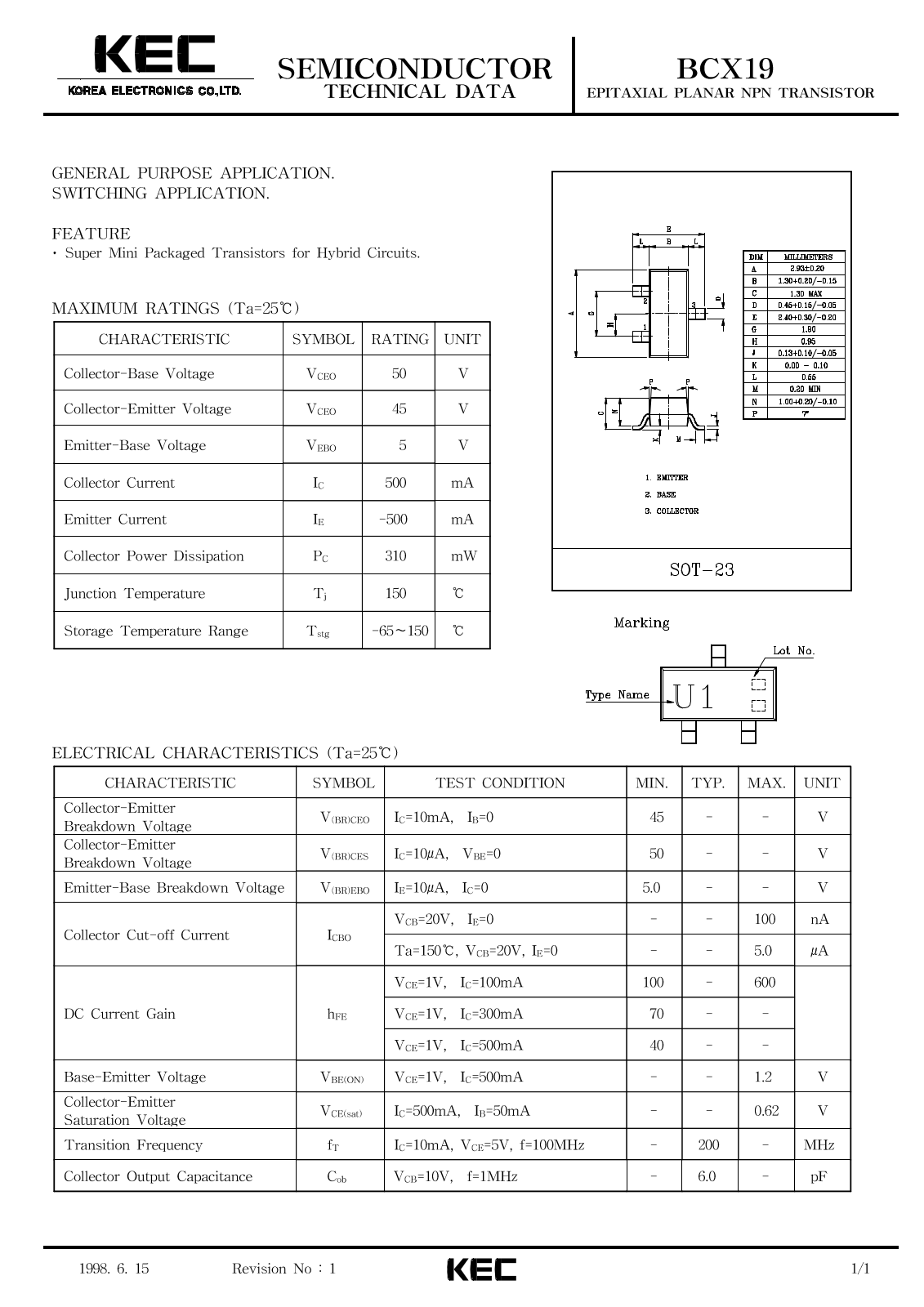 Korea Electronics Co  Ltd BCX19 Datasheet