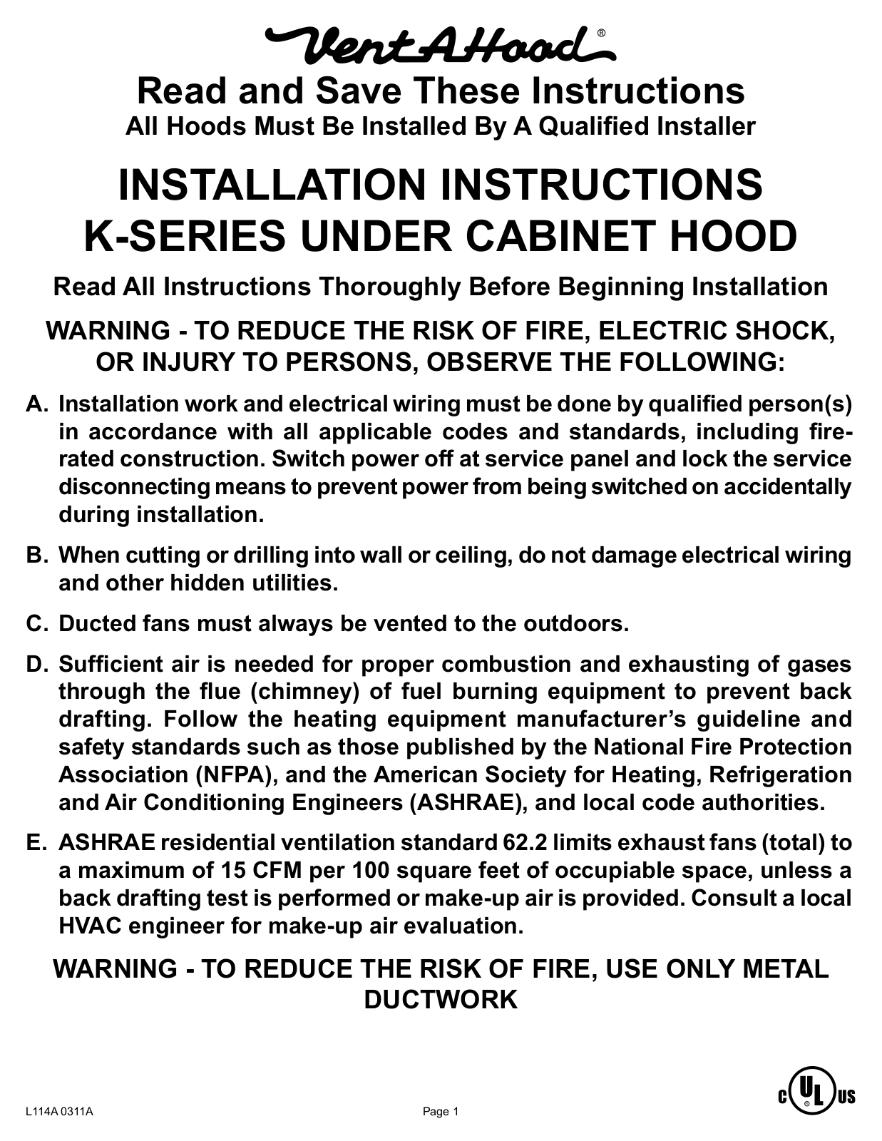 Vent-A-Hood SLH6K30SS, PRH6K36SS Installation Manual