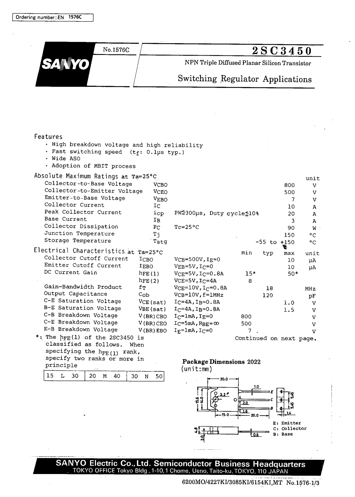 SANYO 2SC3450 Datasheet