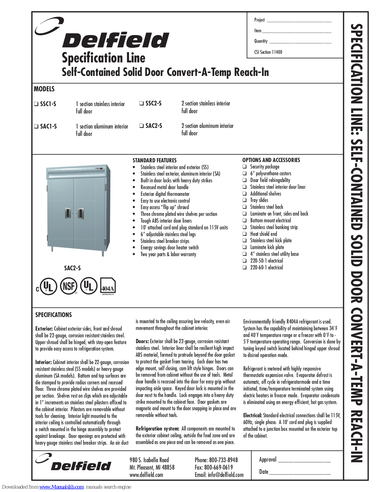 Delfield SAC1, SAC2-S, SSC1, SSC2-S, SSC1-S Specifications