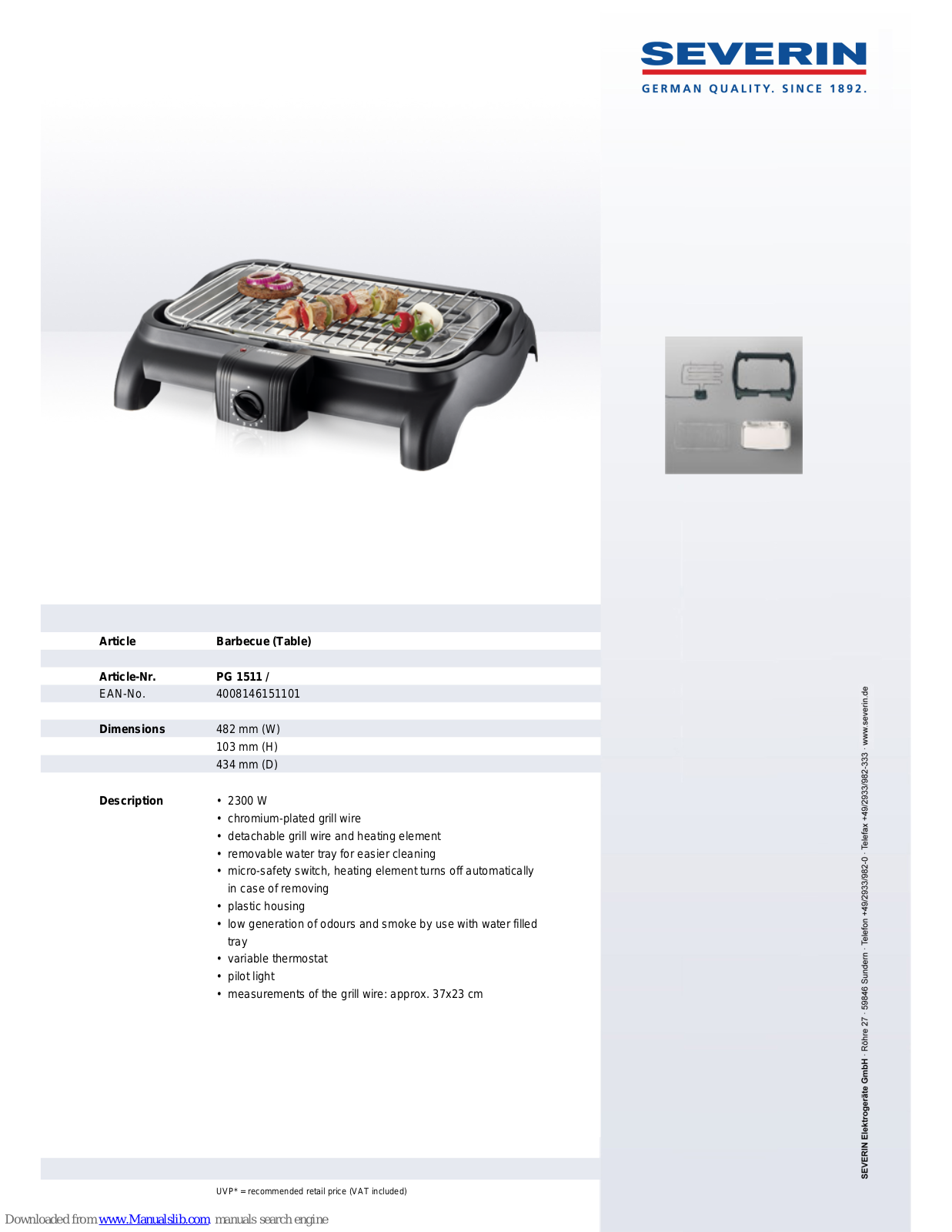 SEVERIN BARBECUE - DATASHEET 5, PG 1511 Dimensions