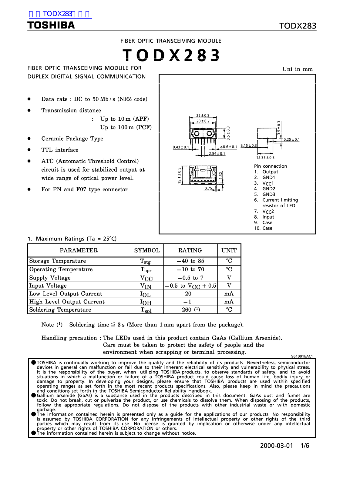 TOSHIBA TODX283 Technical data