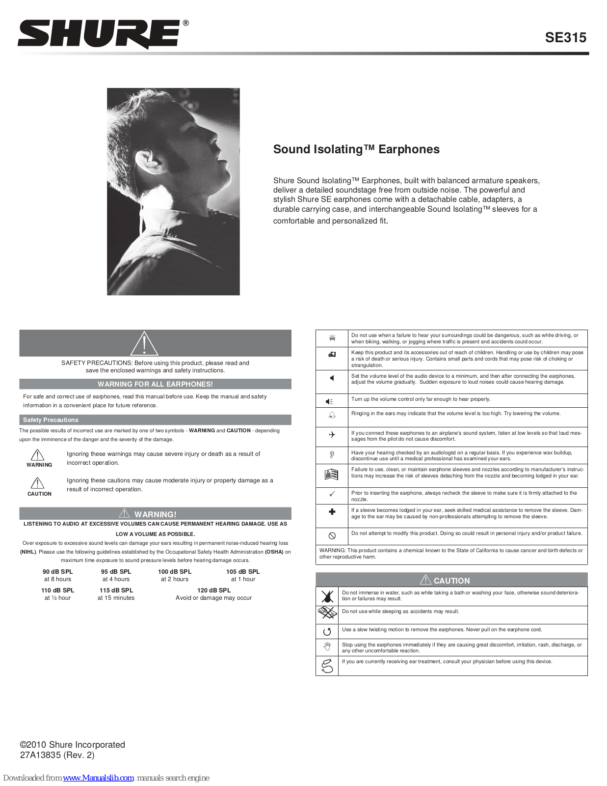 Shure Sound Isolating SE315, SE425 User Manual