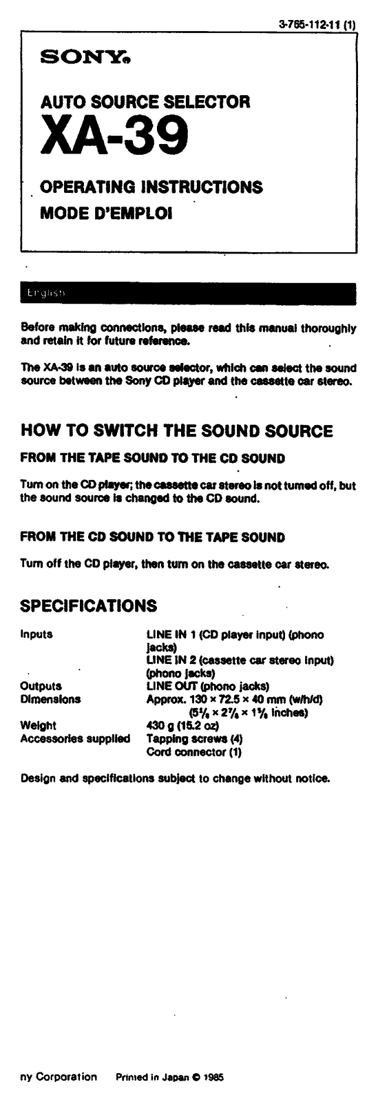 Sony XA-39 User Manual