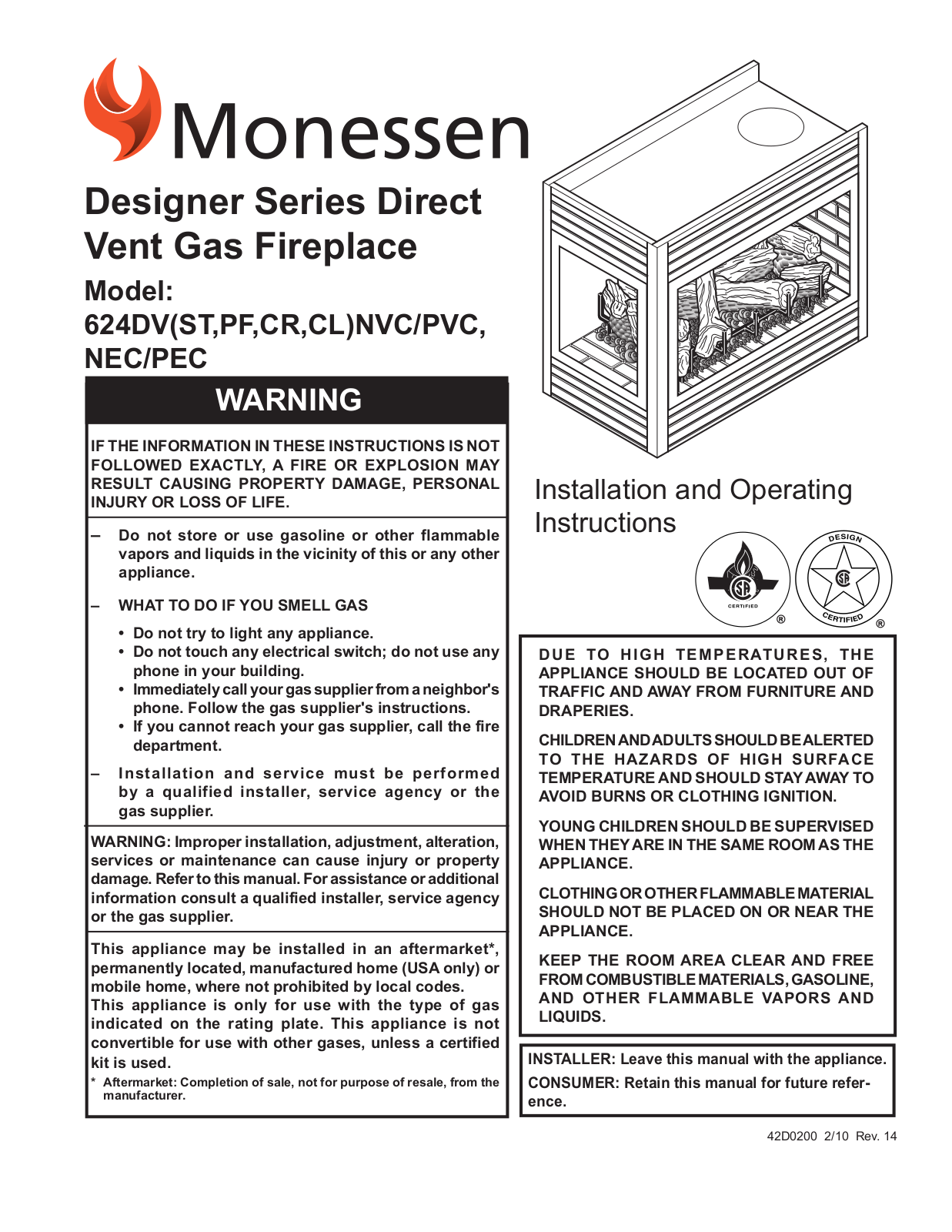 Monessen Hearth CR, CL)NVC-PVC, PF, 624DVST User Manual