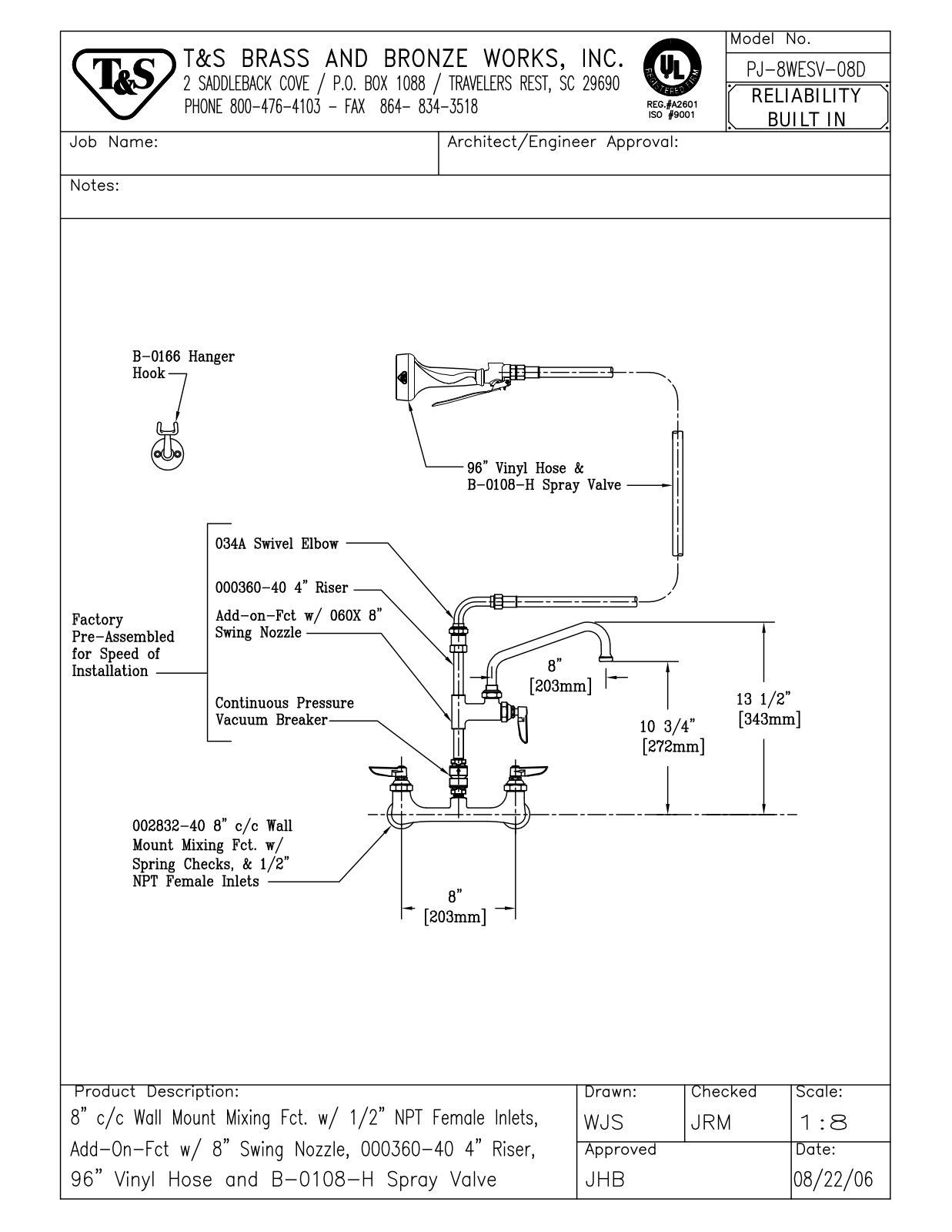 T&S Brass PJ-8WESV-08D User Manual