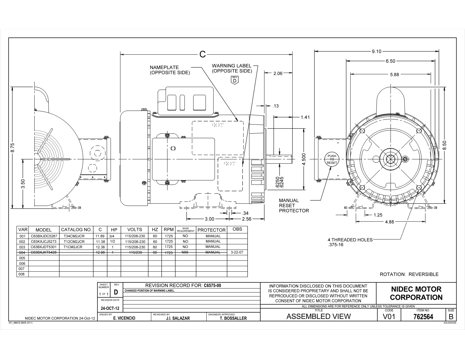 US Motors T12CM2JCR, T34CM2JCR, T1CM2JCR Dimensional Sheet