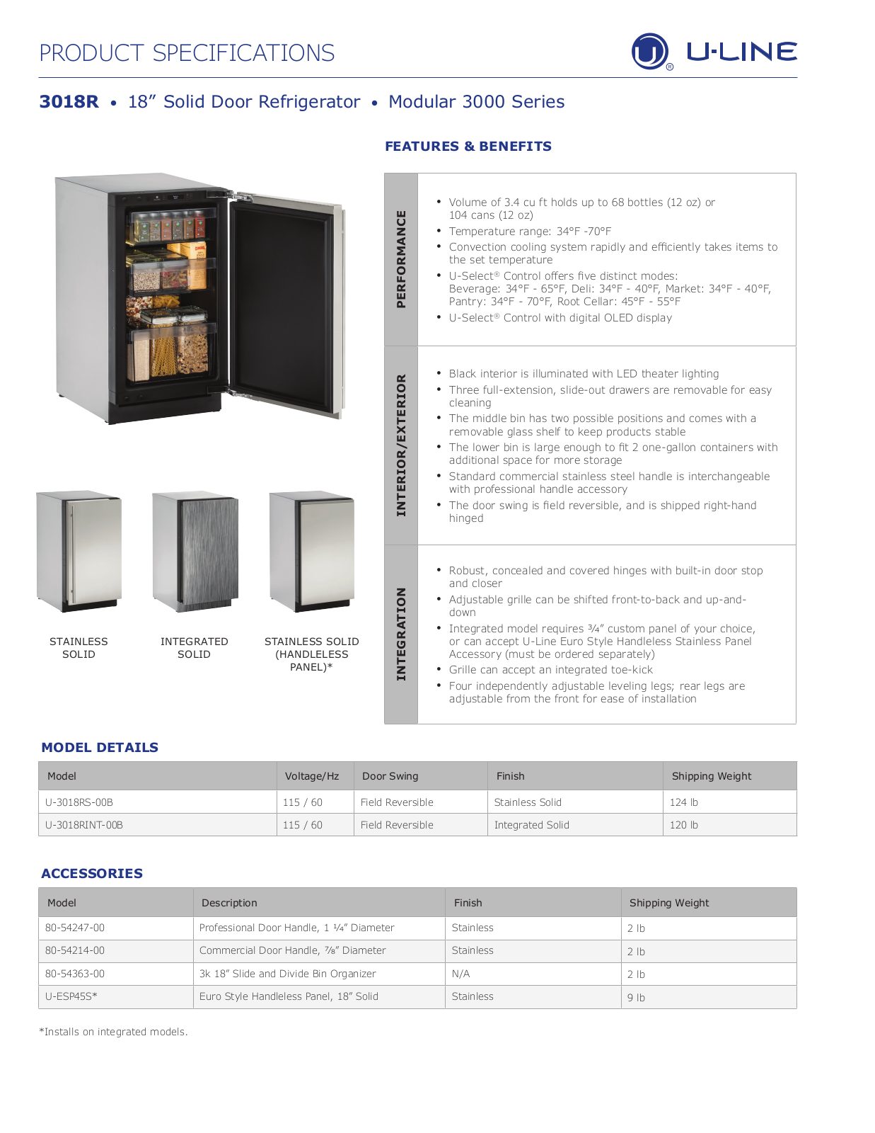 U-Line U3018RS00B, U3018RINT00B Specifications