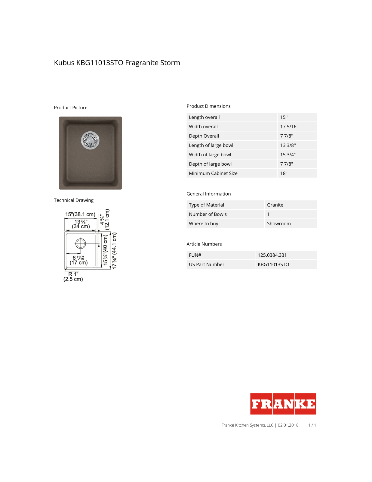 Franke KBG11013STO Specs