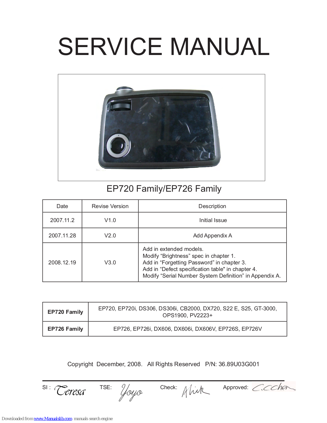 Optoma EP720 Family, EP726, EP720i, DS306, DS306i Service Manual