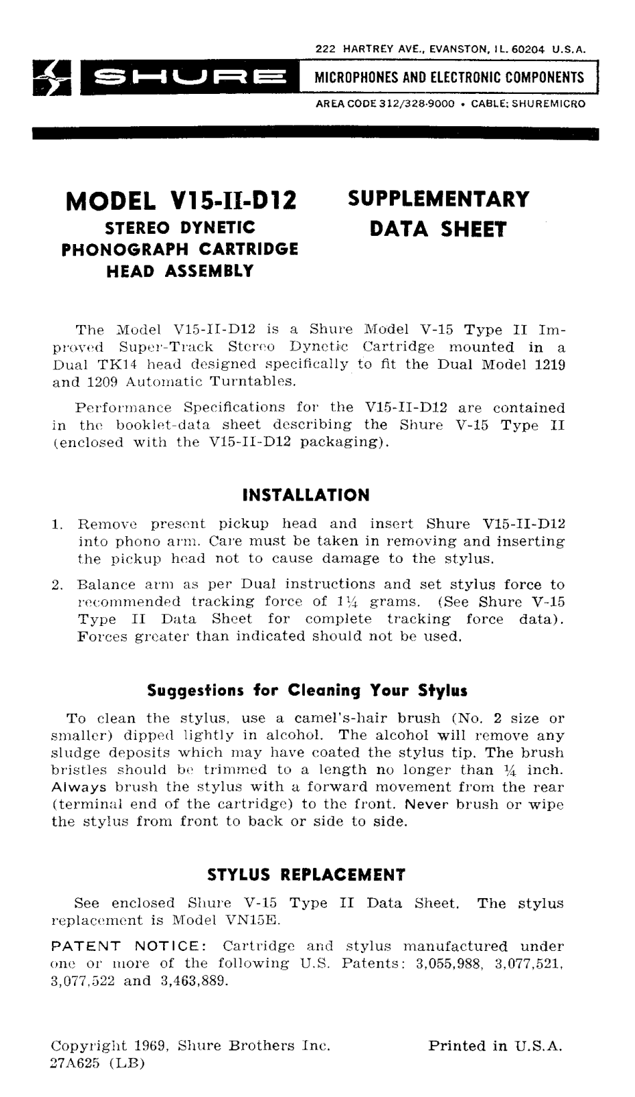 Shure V15-II-D12 Data sheet supplementary