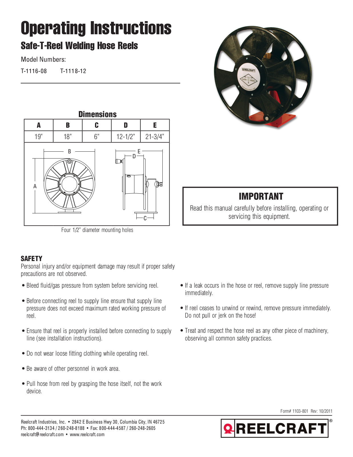 Reelcraft T-1116-08, T-1118-12 User Manual