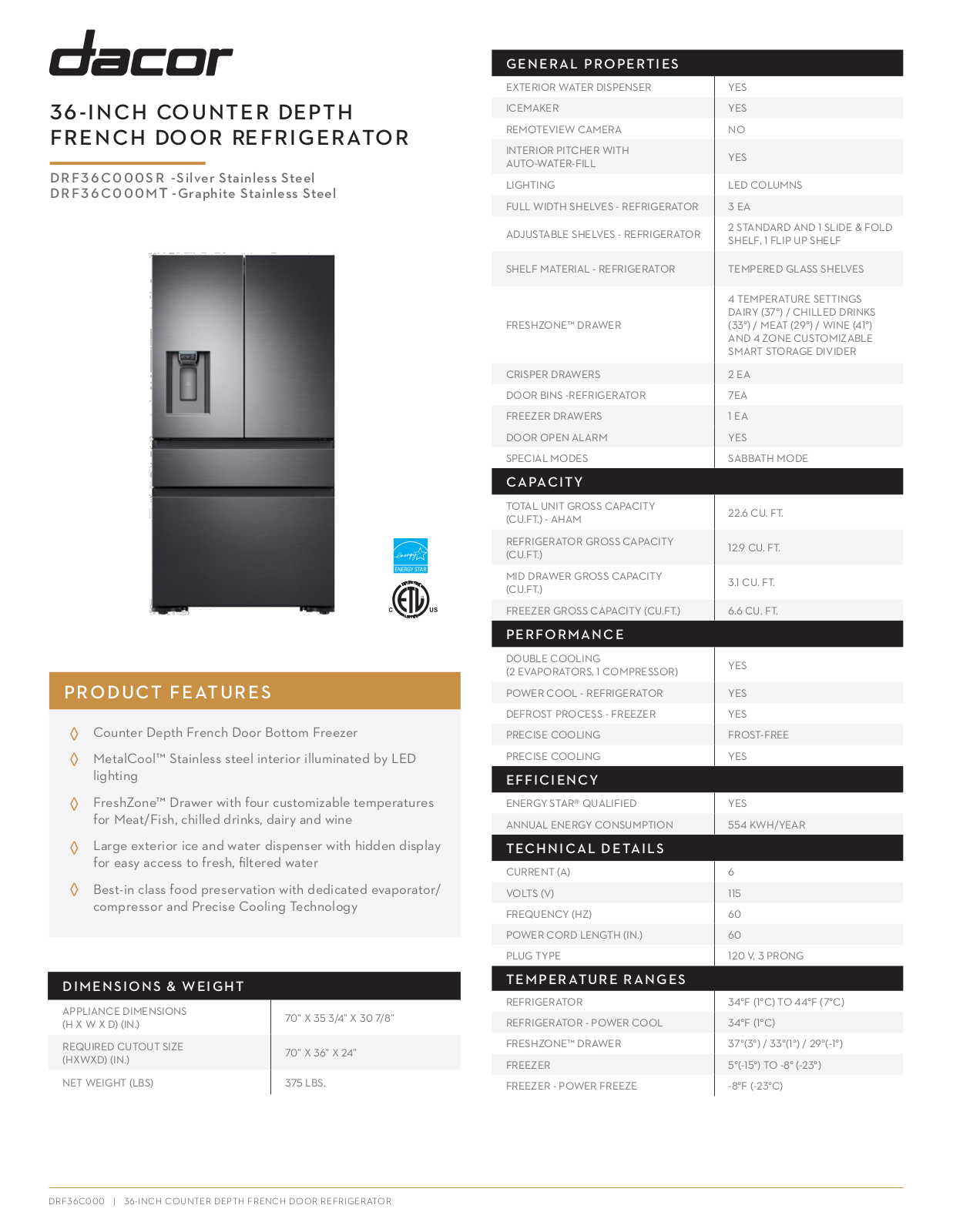 Dacor DARECTWODWRH204 Specs