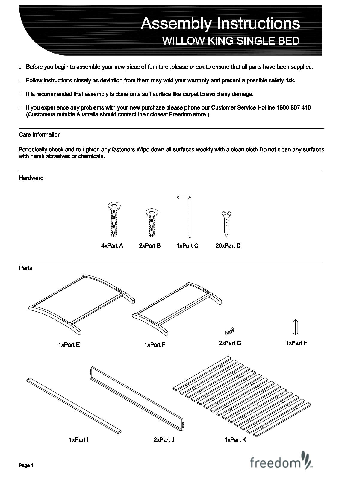 Freedom Willow King Single Bed Assembly Instruction