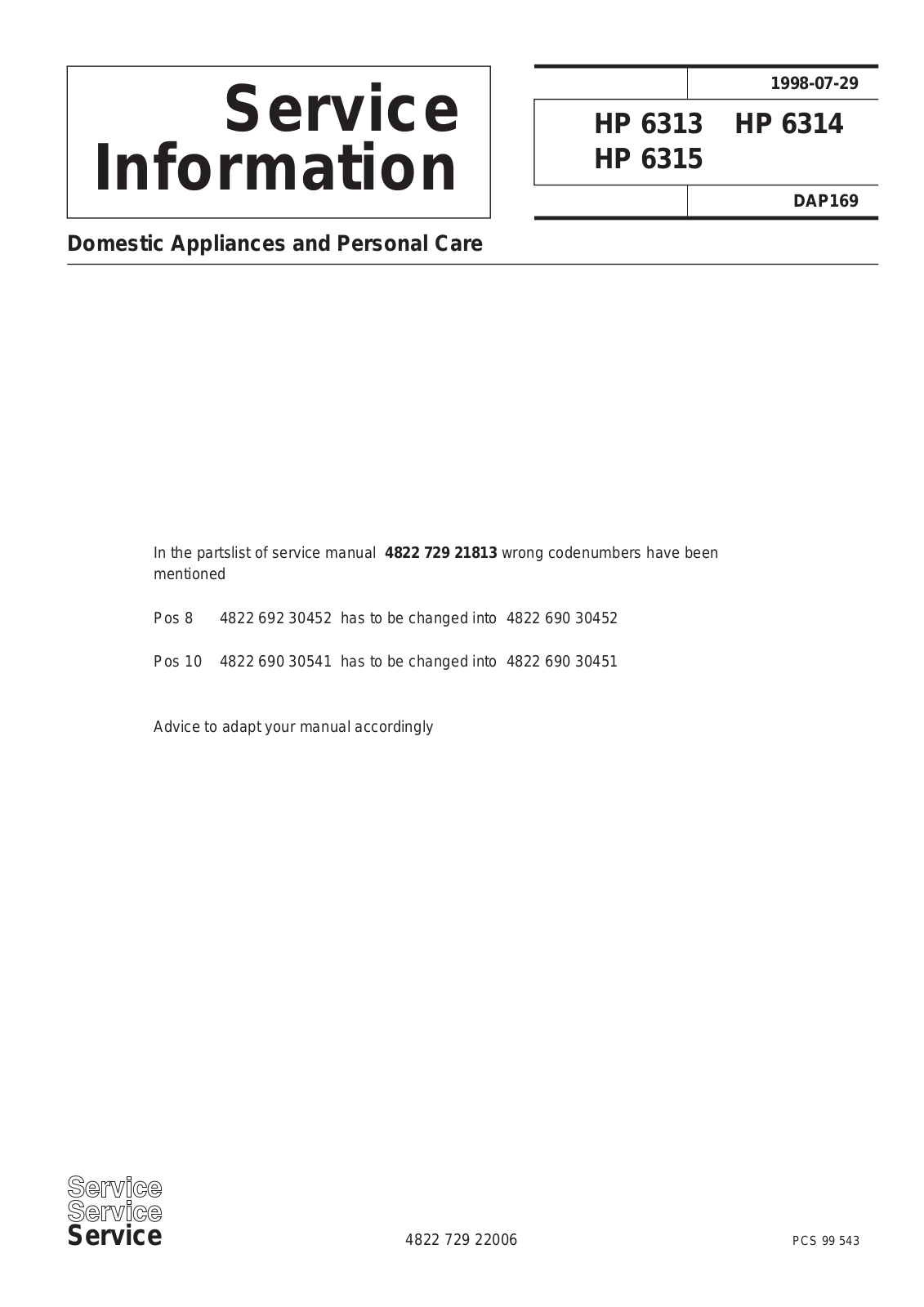 Philips HP 6313, HP 6314, HP 6315 Service Manual