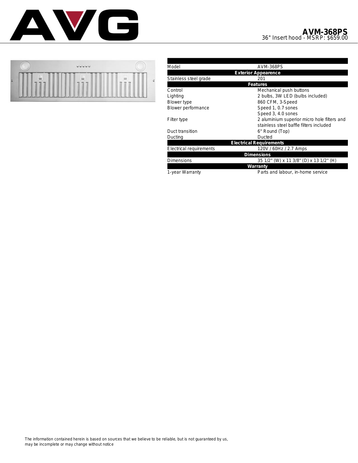 AVG AVM368PS Specification