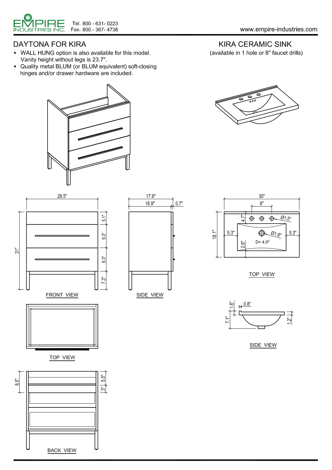 Empire Industries WD2H3002BWP, WD2K3002TGS, D3K3002BWP, D3M3002BWP Specs