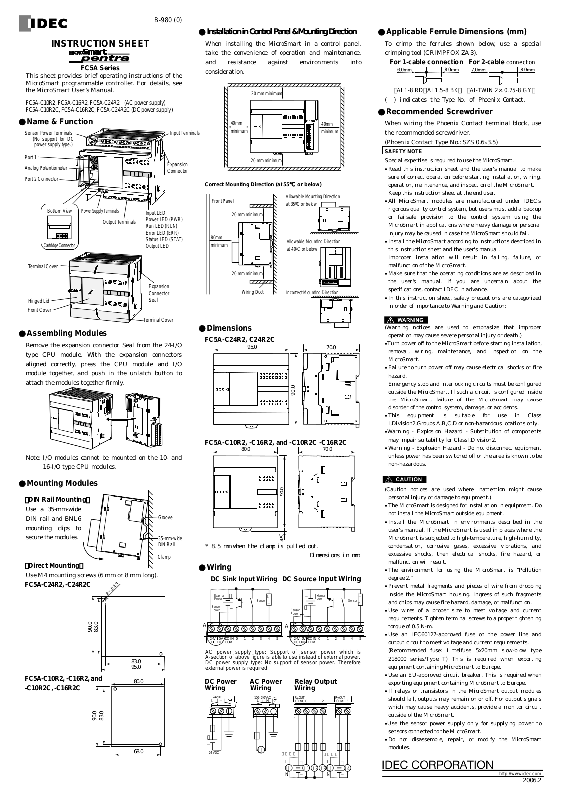 IDEC FC5A Series Instruction Sheet