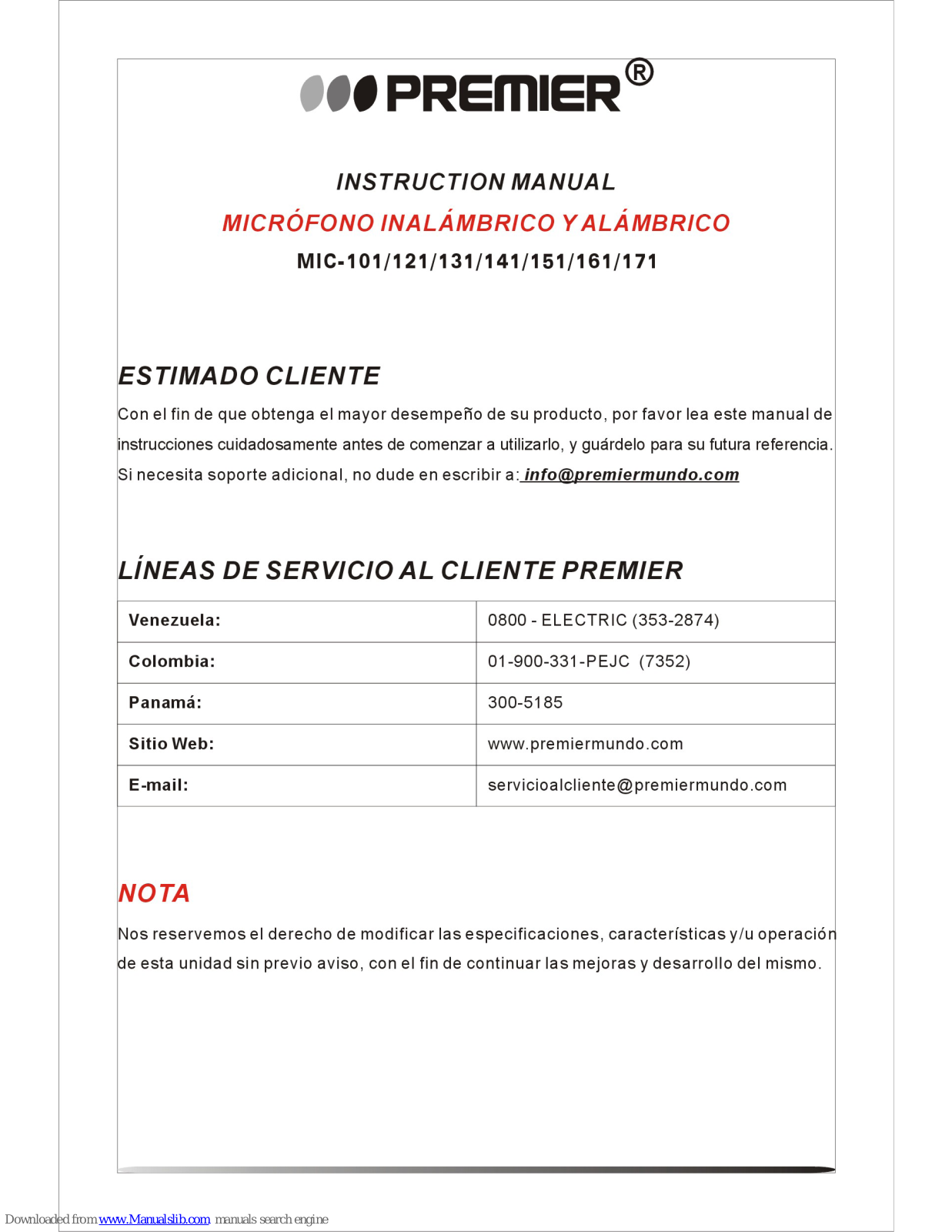 Premier MIC-101, MIC-121, MIC-131, MIC-151, MIC-161 Instruction Manual - ManualMachine.com