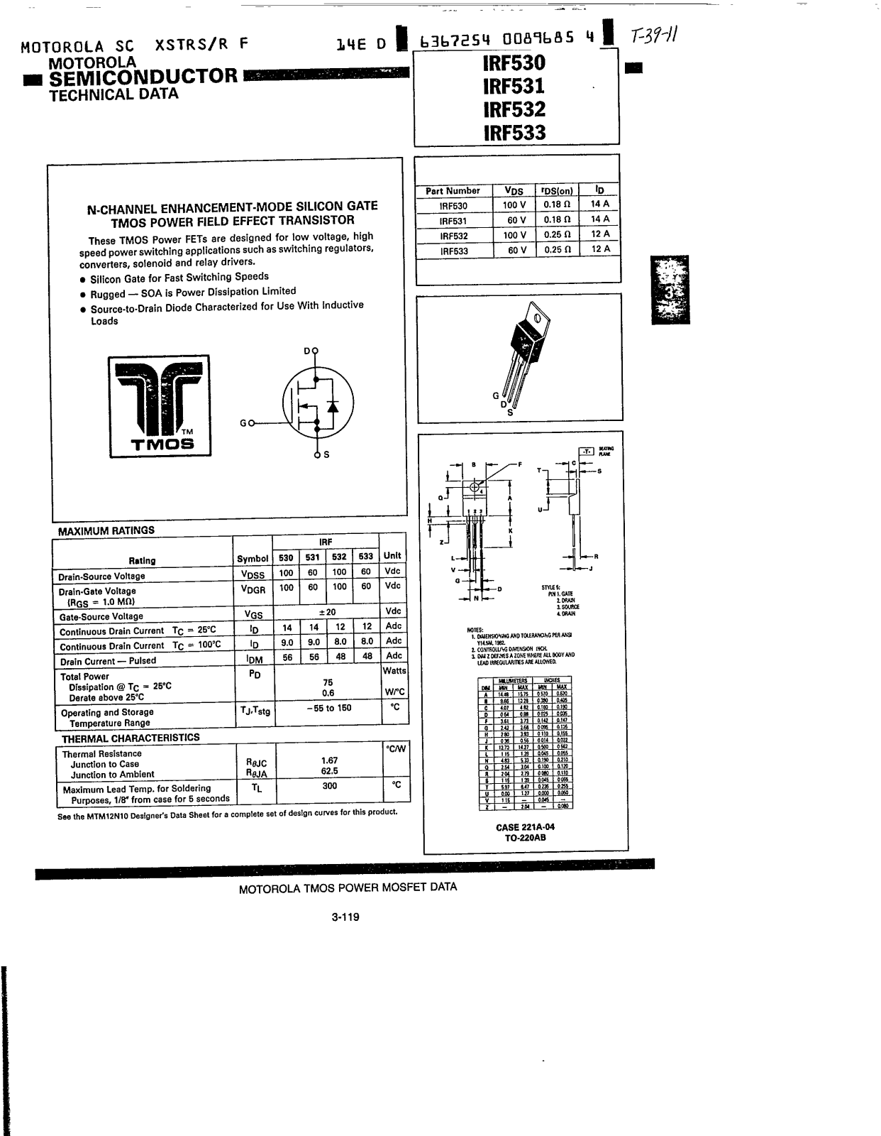 Motorola IRF530, IRF532, IRF533, IRF531 Datasheet