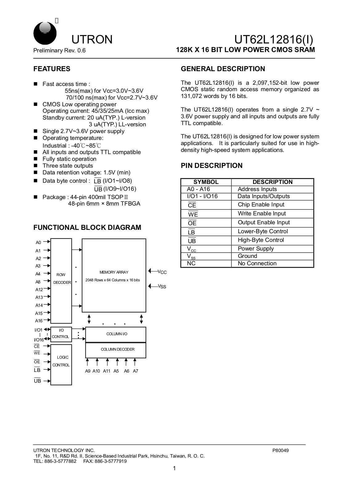 UTRON UT62L12816MC-70LLI, UT62L12816MC-70LI, UT62L12816BS-70LI, UT62L12816BS-55LLI, UT62L12816BS-55LI Datasheet