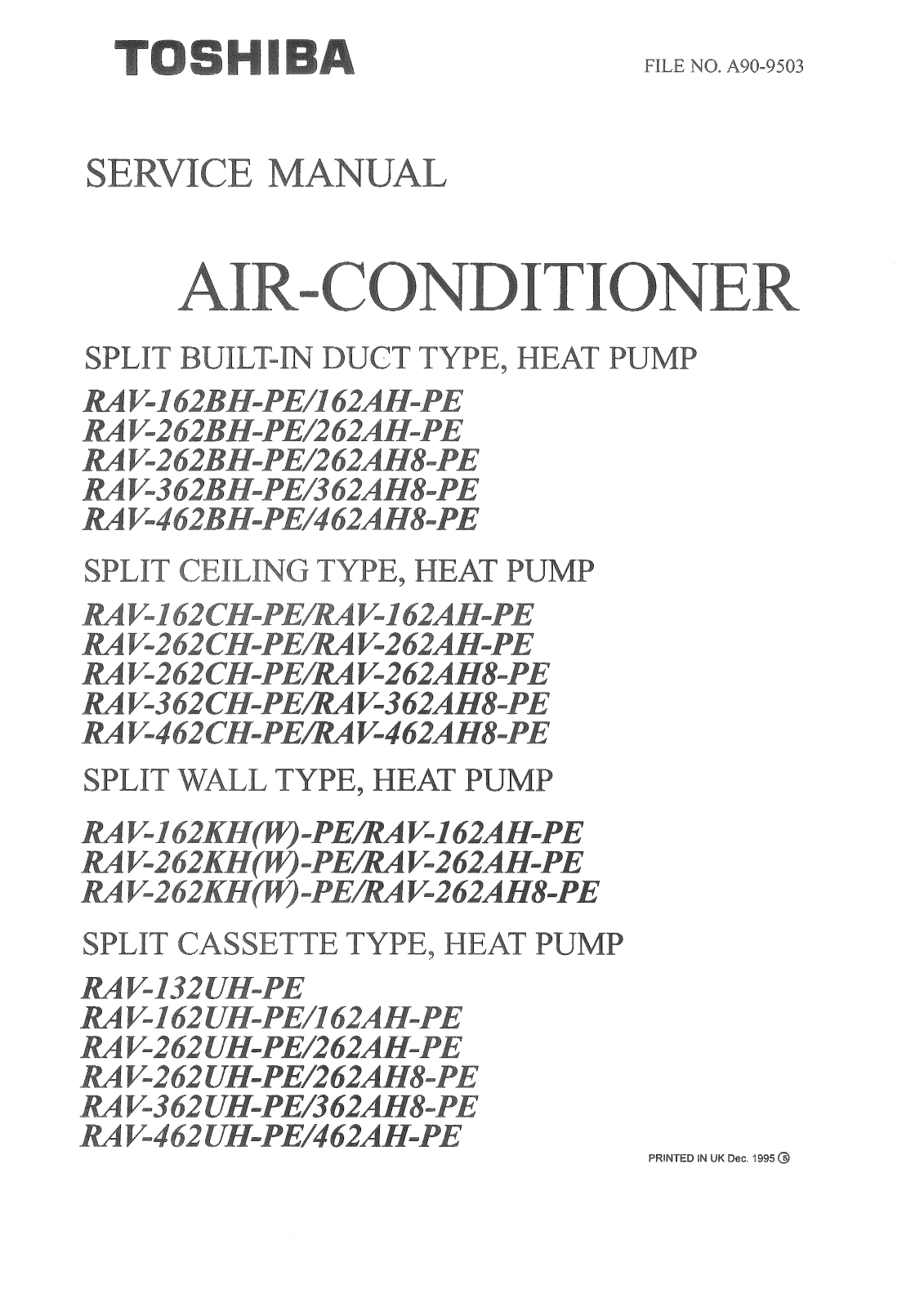 Toshiba RAV-362CH-PE, RAV-262CH-PE, RAV-132UH-PE, RAV-362UH-PE, RAV-362AH-PE SERVICE MANUAL