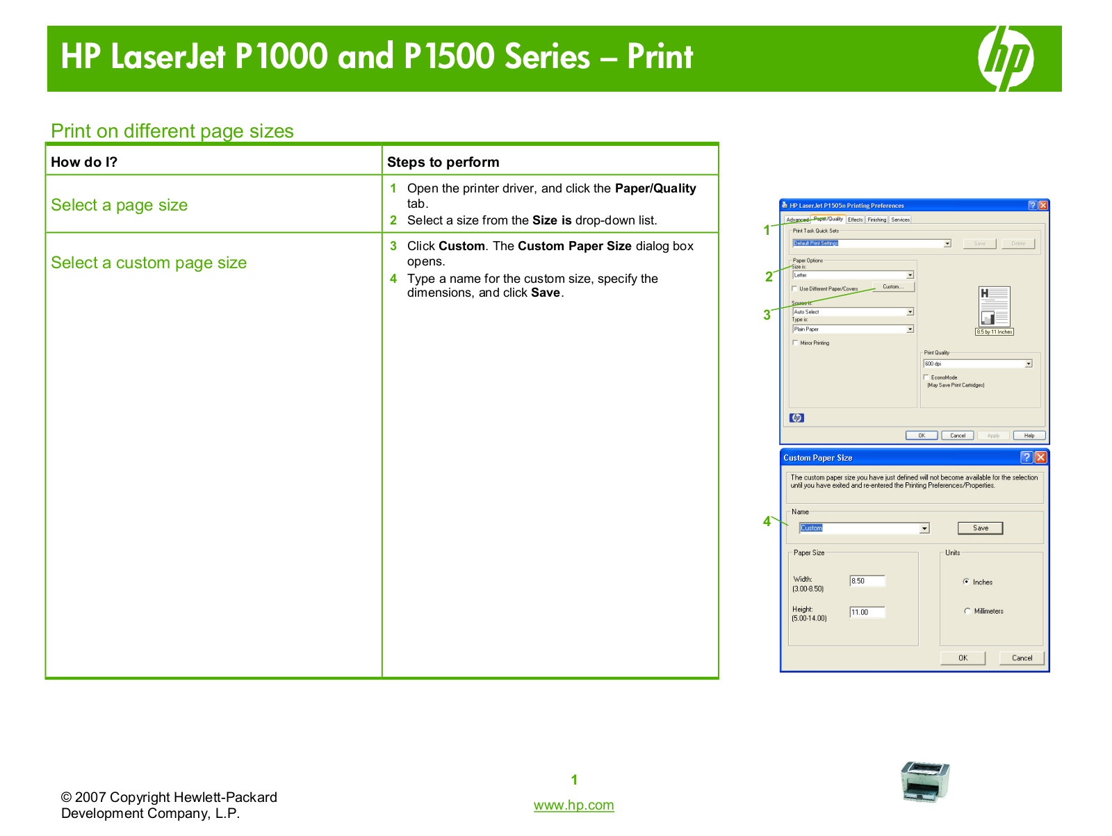 Hp LASERJET P1005, LASERJET P1500 Print on different page sizes