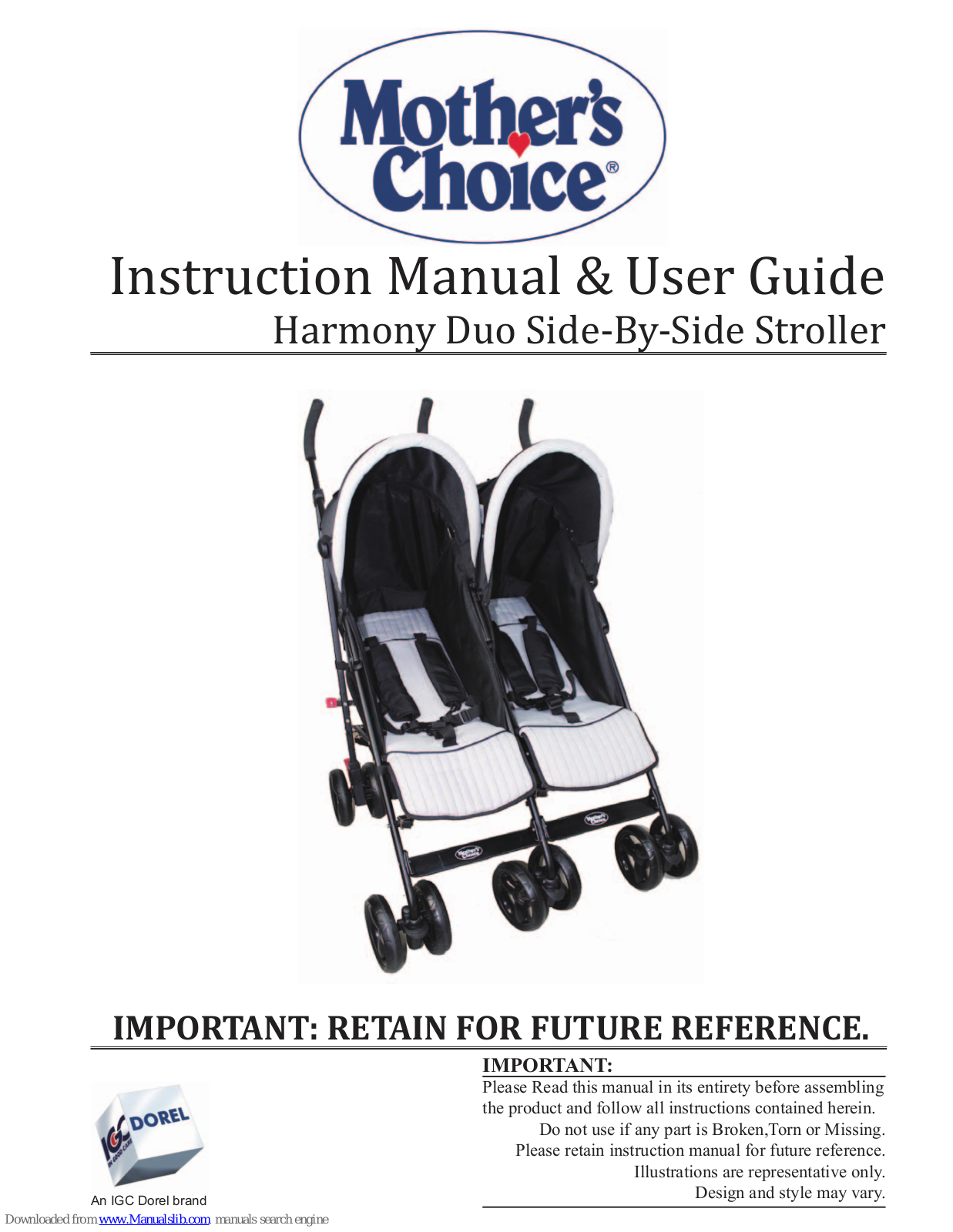 Mother's Choice Harmony Duo Side-By-Side Stroller, Harmony Duo Instruction Manual