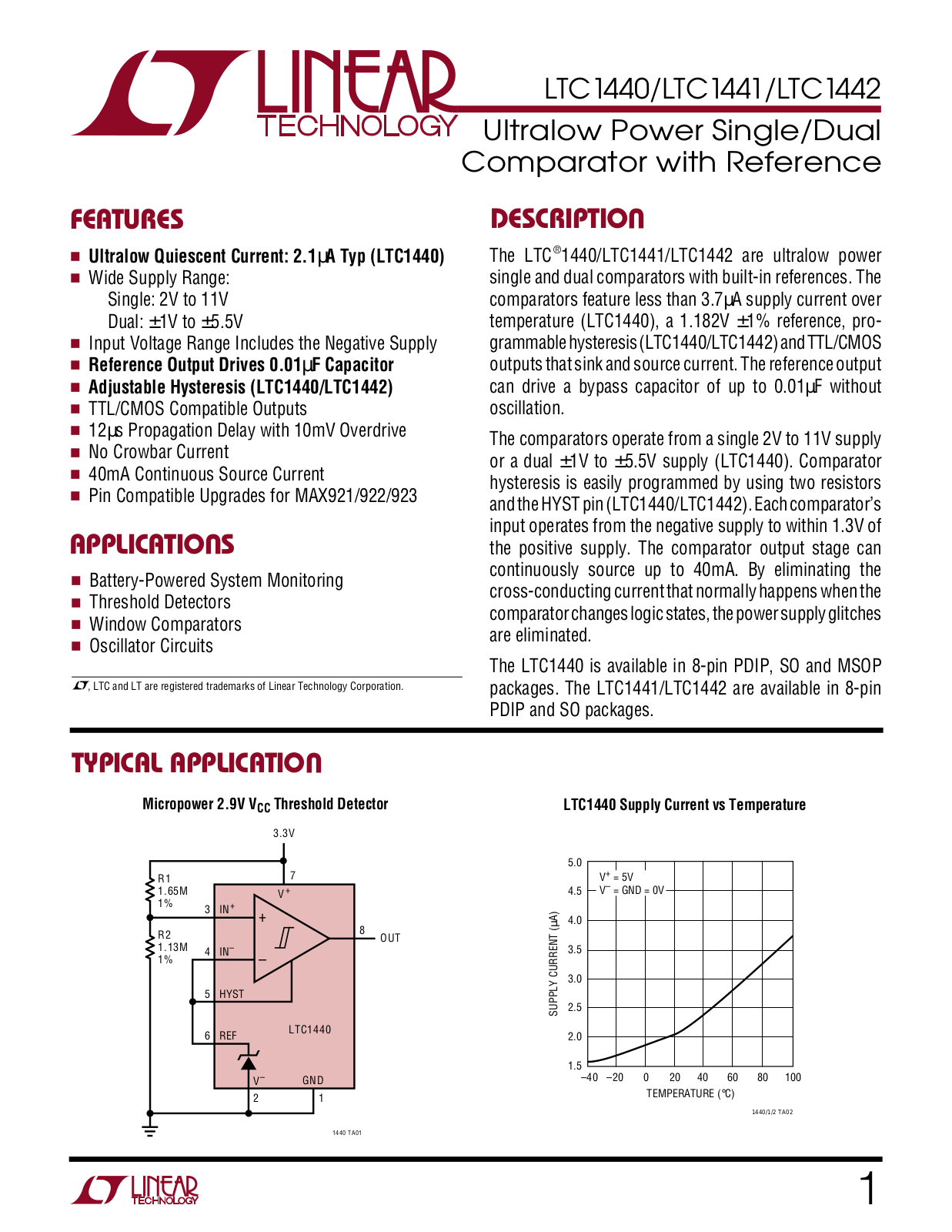 Linear Technology LTC1442IN8, LTC1442CS8, LTC1441IS8, LTC1440IS8, LTC1440IN8 Datasheet