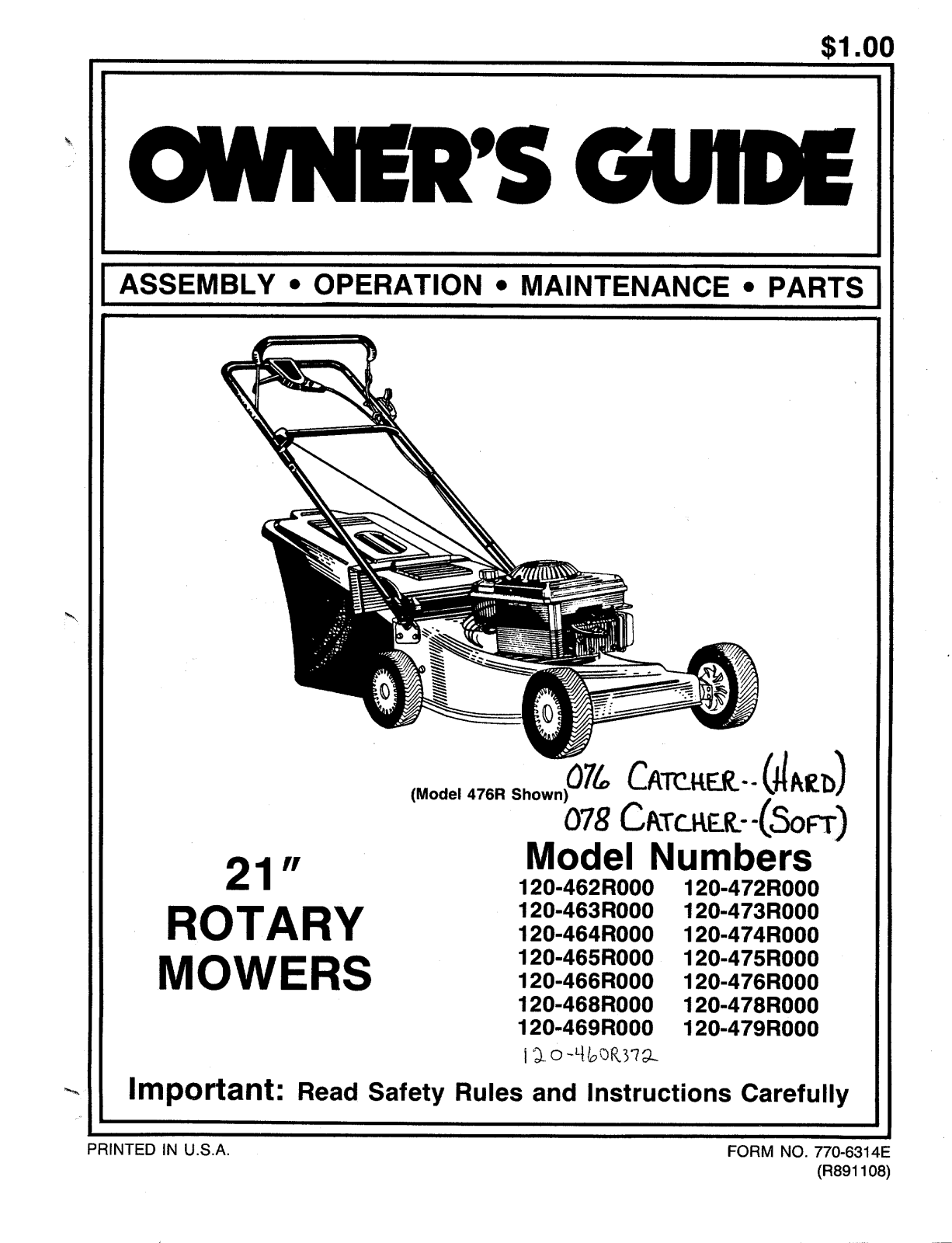 MTD 120-478R000, 120-479R000, 120-476R000, 120-475R000, 120-463R000 User Manual