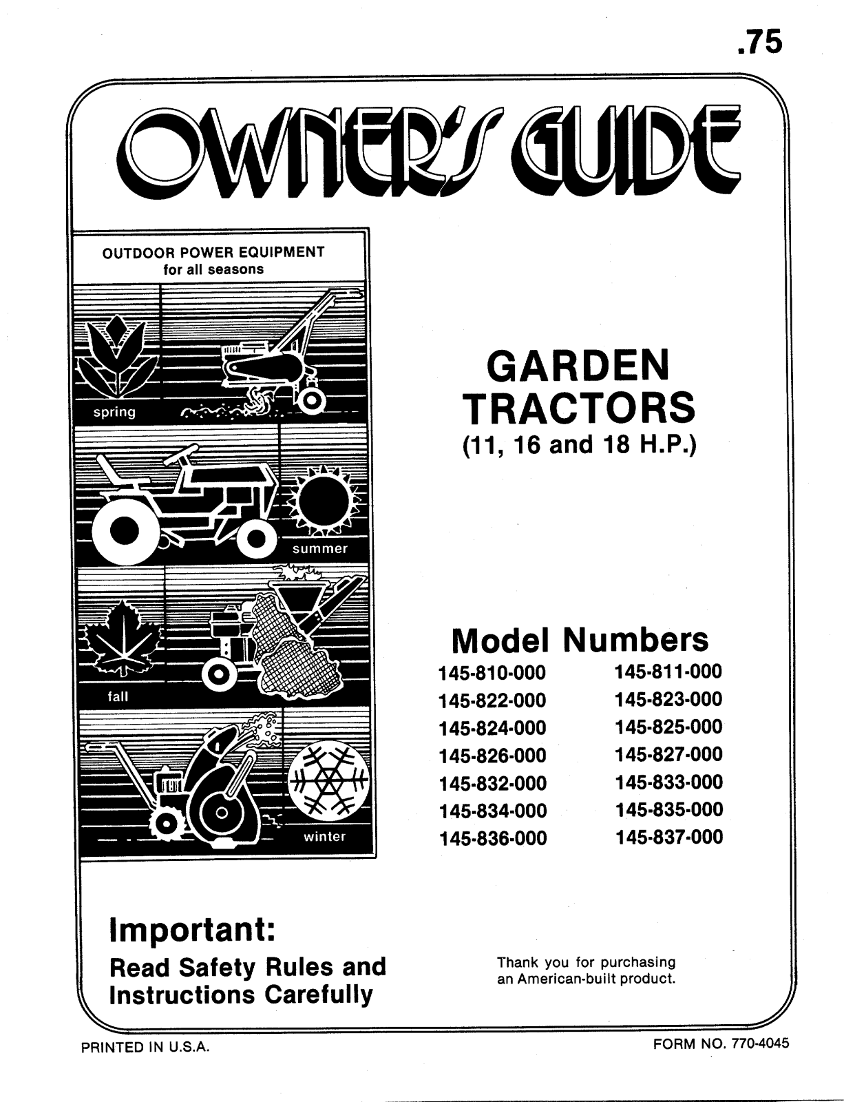 Mtd 145-810-000, 145-822-000, 145-824-000, 145-826-000, 145-832-000 owners Manual