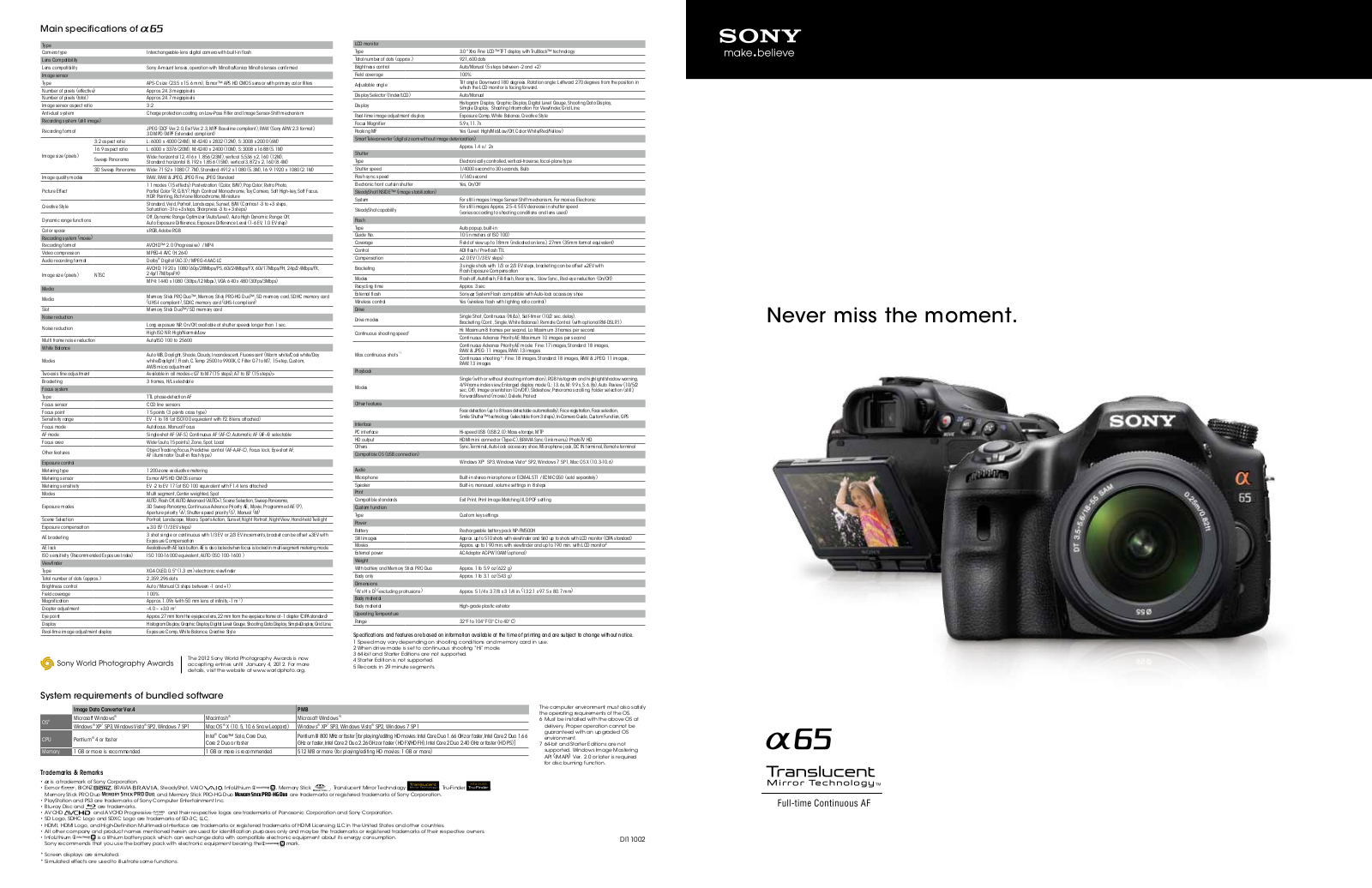 Sony SLT-A65 Specifications