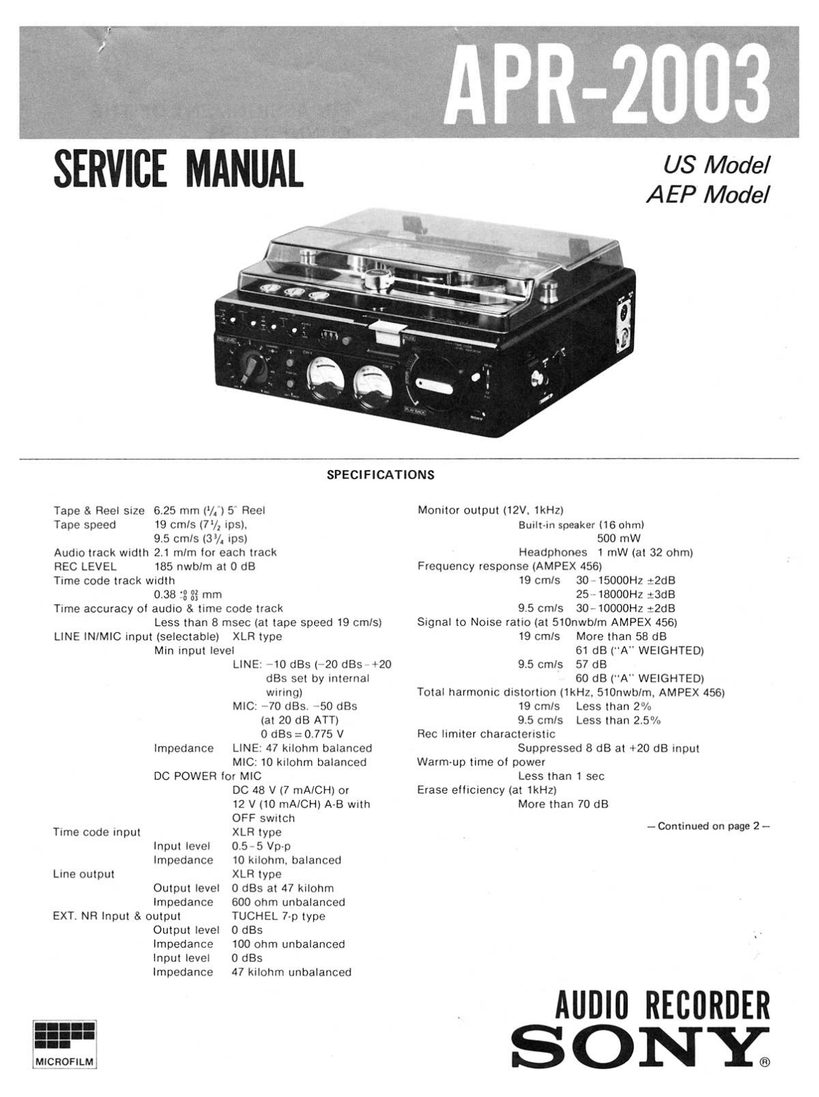 Sony APR-2003 Service manual