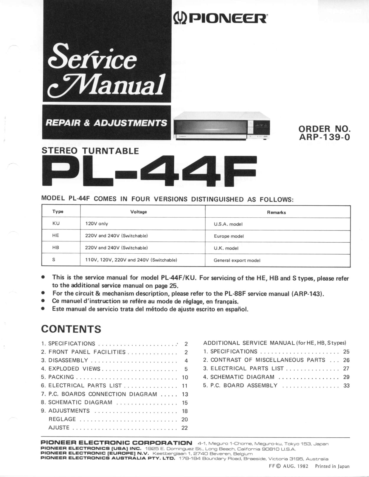Pioneer PL-44-F Owners manual