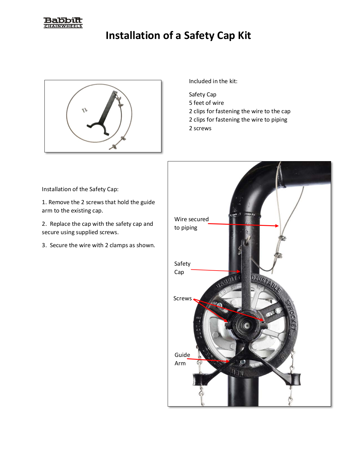 babbitt chainwheels Safety Cap Kit Installation Manual