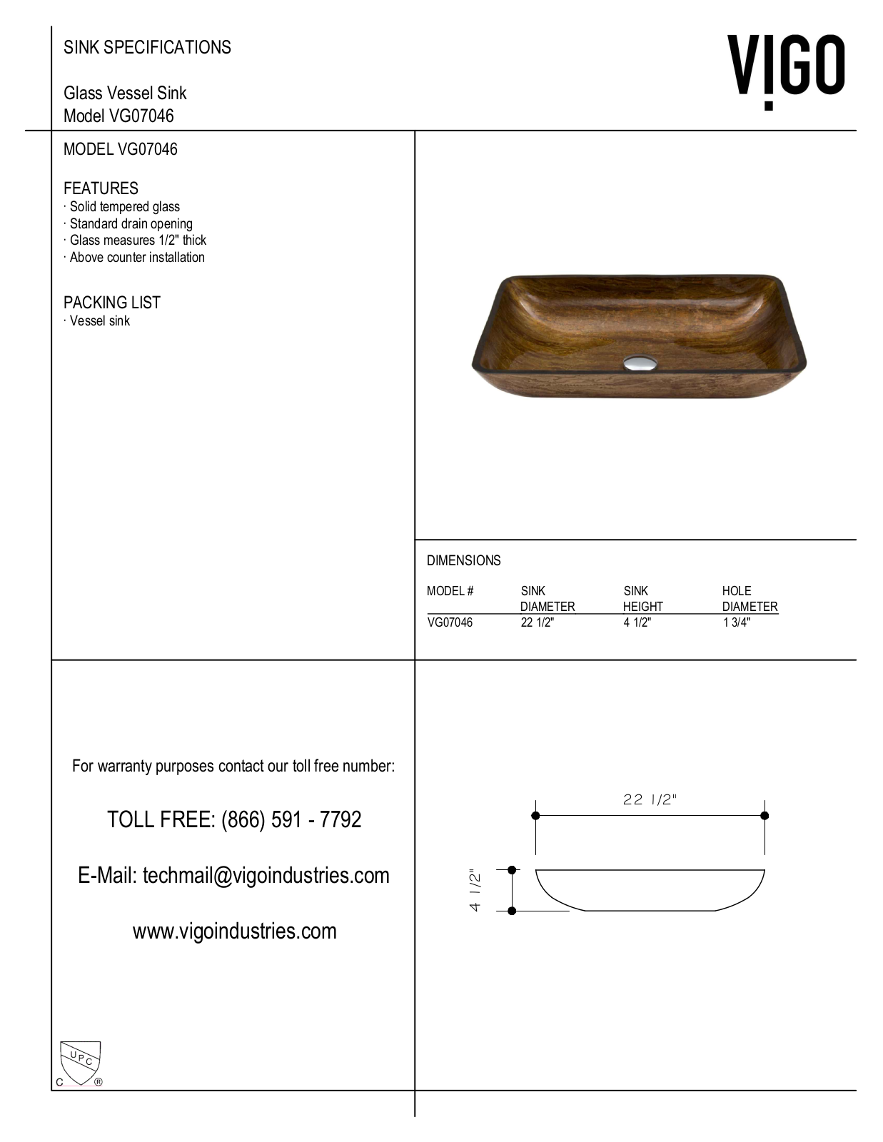 Vigo VG07046, VGT021CHRCT, VGT294, VGT292, VGT293 Specifications