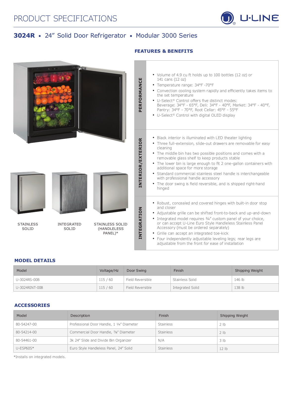 U-Line U3024RINT00B, U3024RS00B Specifications