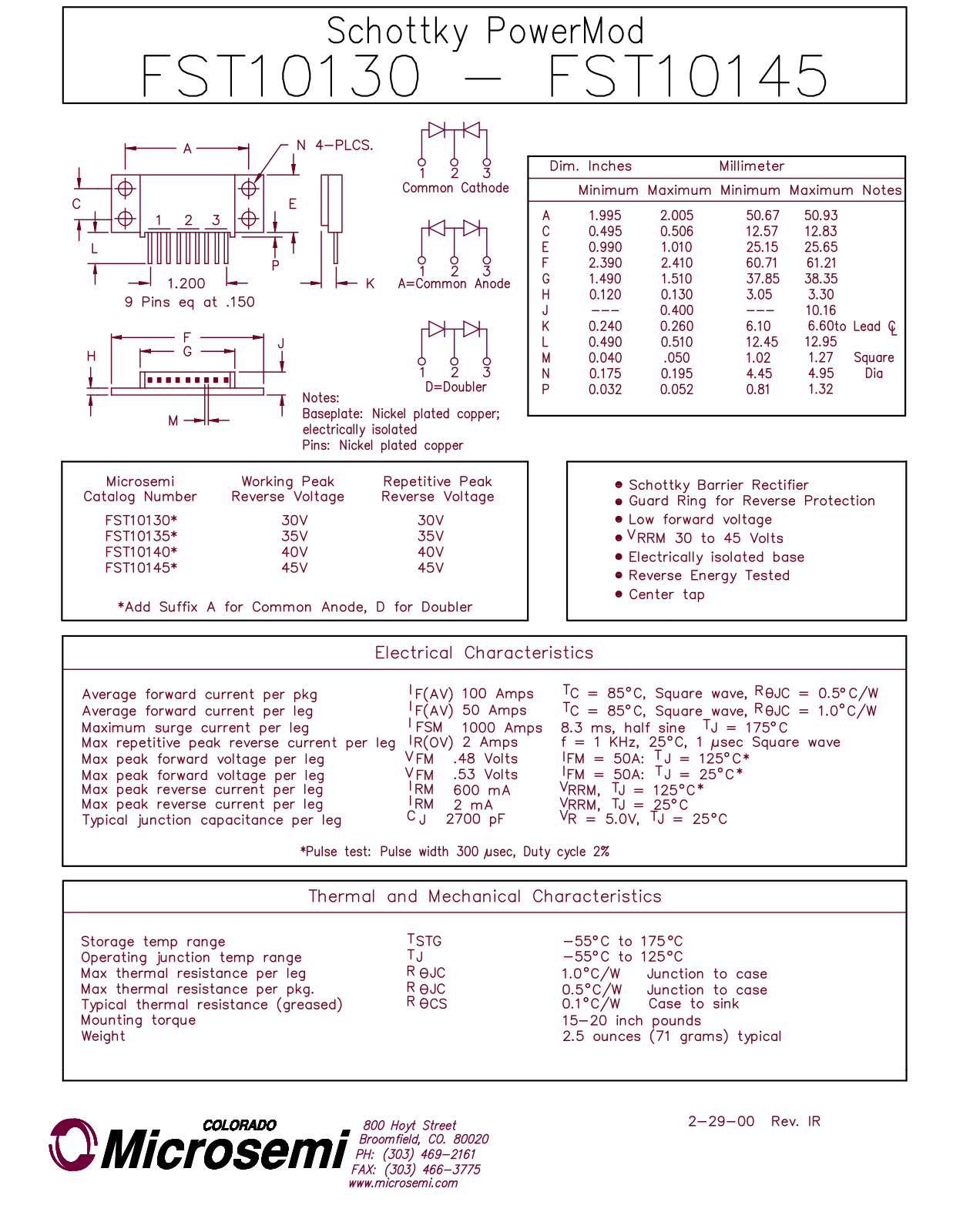 Microsemi Corporation FST10145, FST10140, FST10135, FST10130 Datasheet