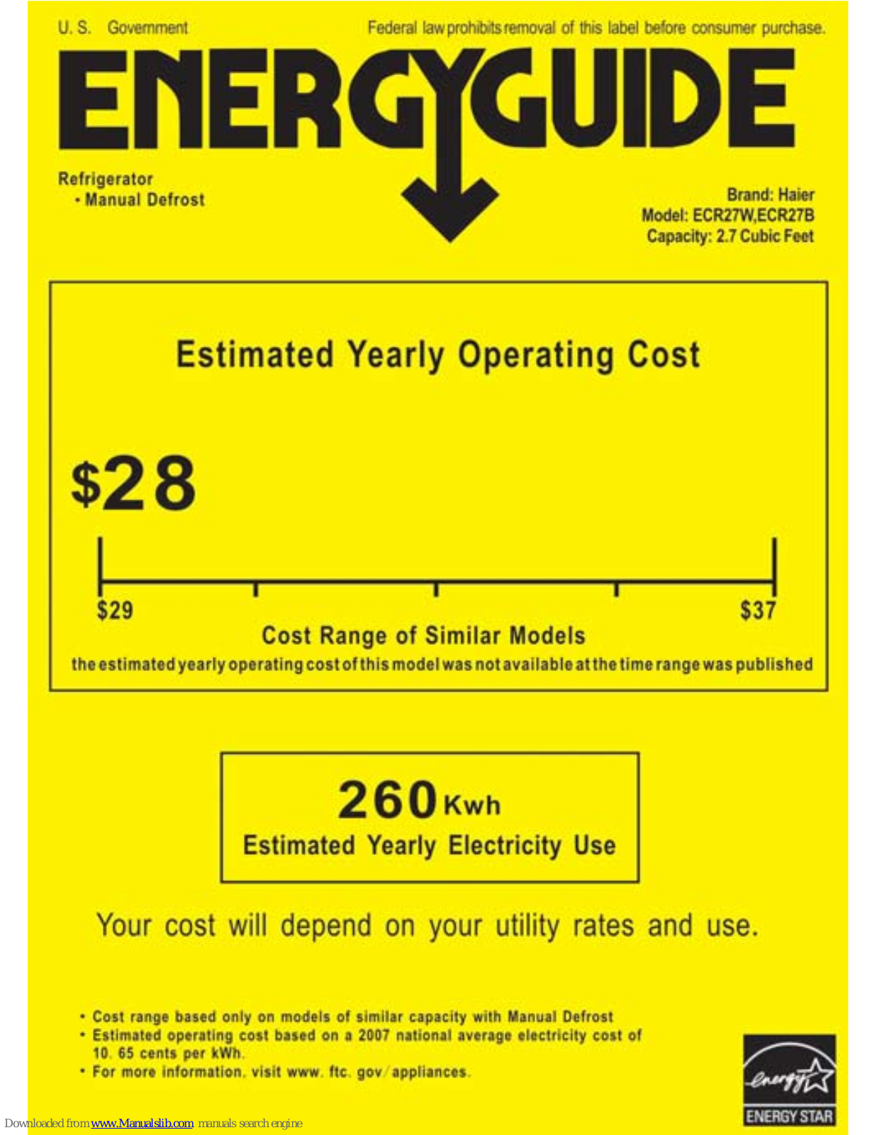 Haier ECR27W, ECR27B Energy Manual