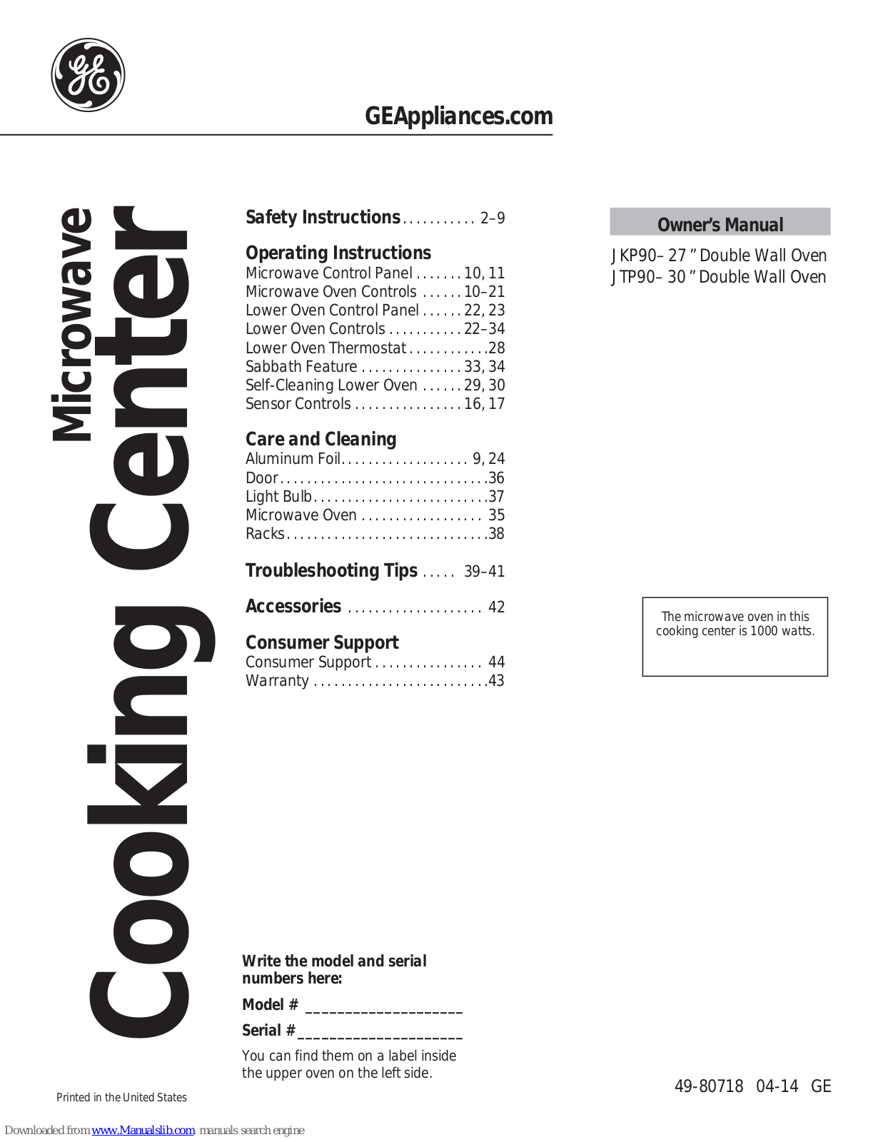 GE JKP90– 27, JKP90– 30, JTP90 Owner's Manual