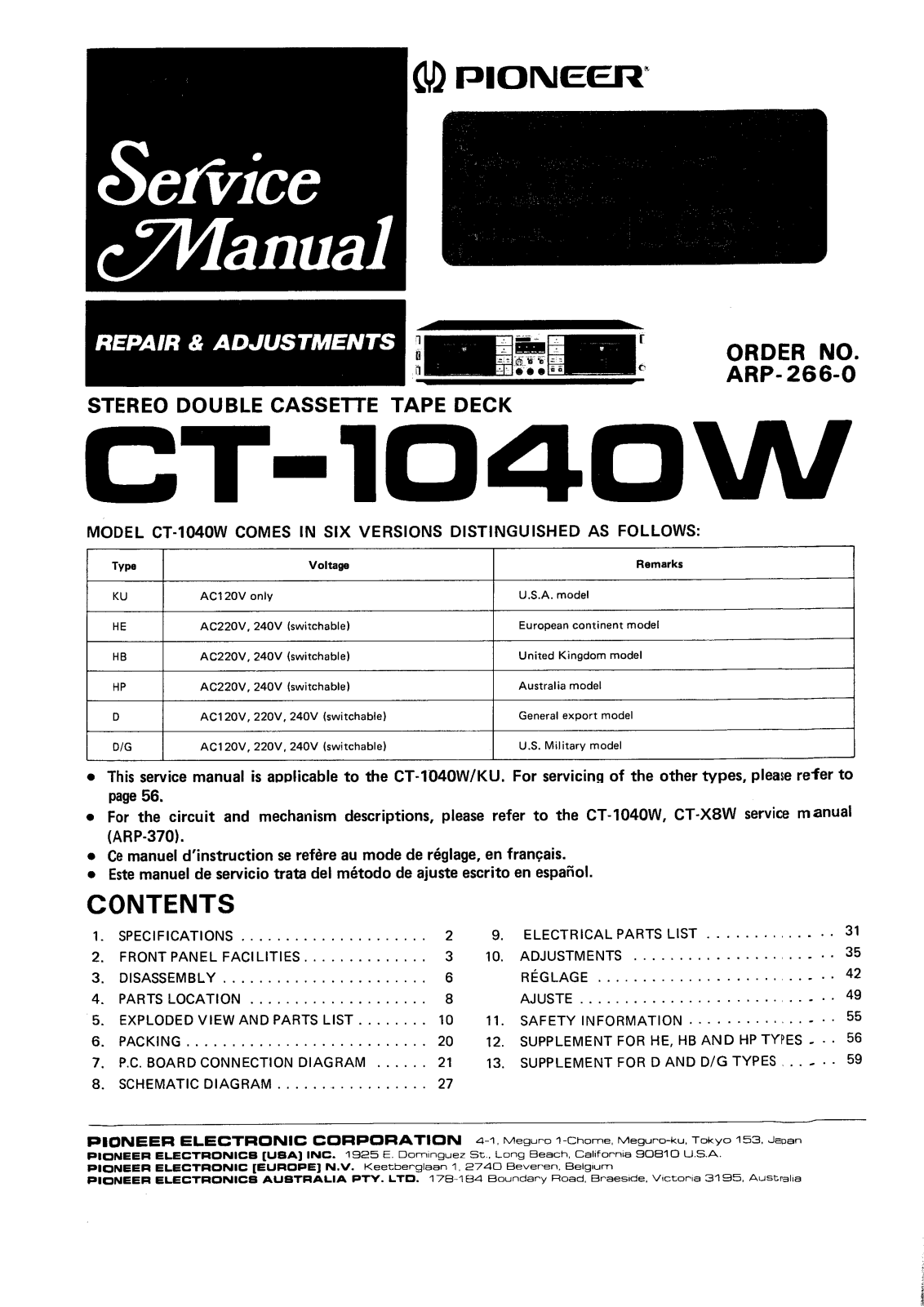 Pioneer CT-1040-W Service manual